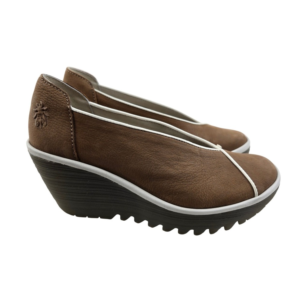 Fly‎ London Yuca Sand Leather Wedge Platform Pumps White Trim EU 36 US 5.5-6